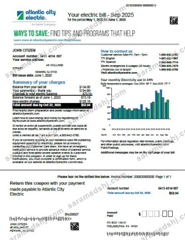 USA Atlantic City Electric utility bill template in Word and PDF formats, version 2